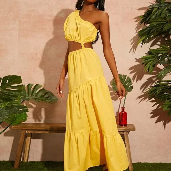 YELLOW PUFF SLEEVE ONE SHOULDER CUT OUT DETAIL MAXI DRESS SUMMER VACAY - Picture 2 of 8